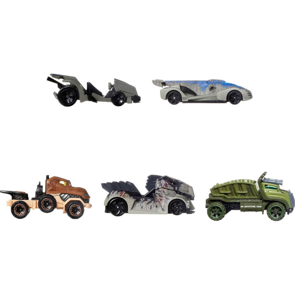 Hot Wheels Jurassic World Dominion Conjunto de 5 carros ou caminhões de personagens de brinquedo,