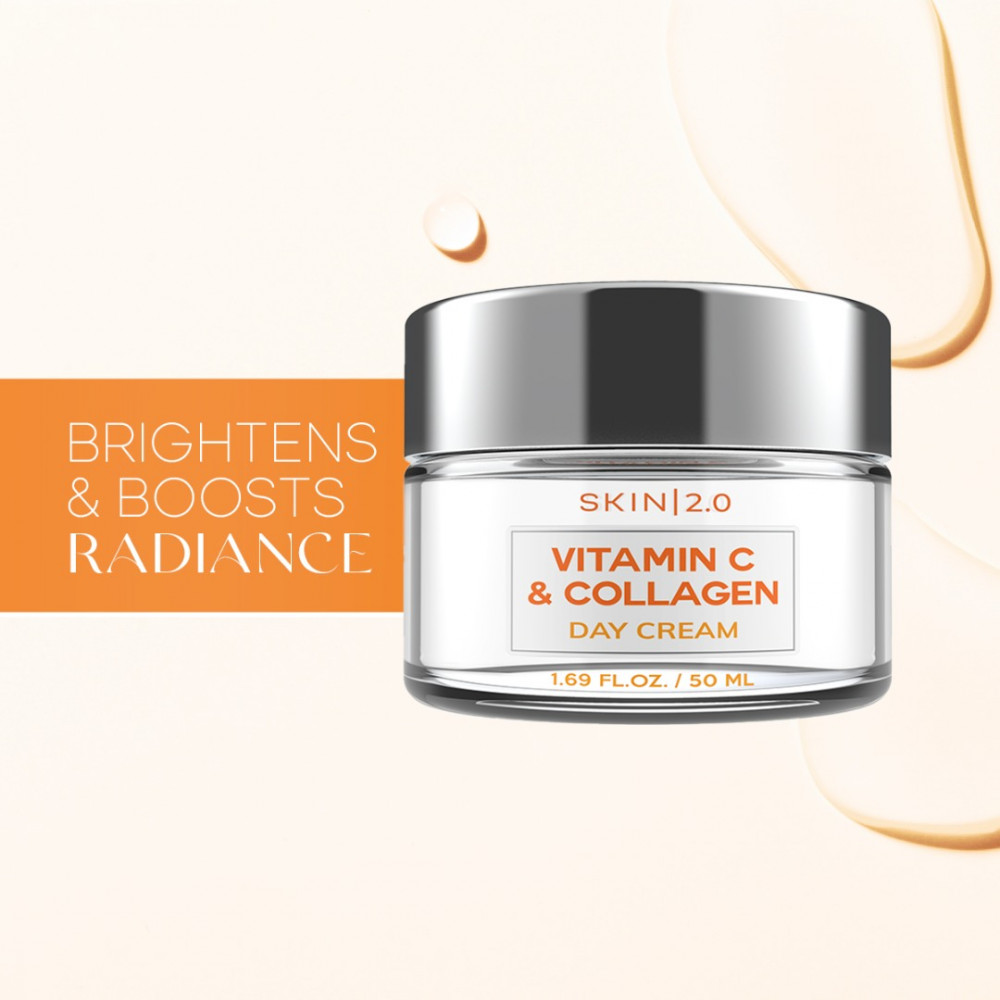 Skin 2.0 Vitamina C e colágeno hidratante facial diário - anti-envelhecimento, previne danos causados ​​pelo sol, endurece a pele, creme de dia iluminador - Cuidados com a pele coreanos sem crueldade para todos os tipos de pele - 1,69 Fl. onças