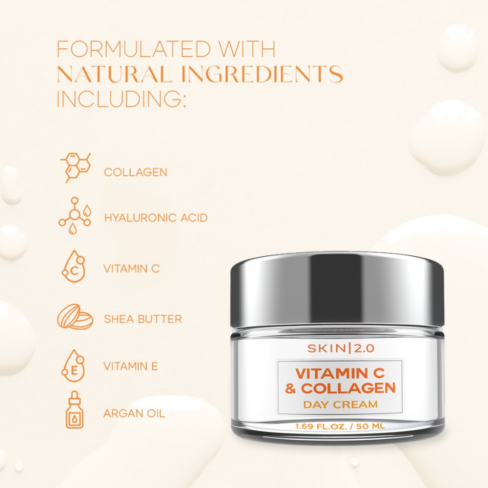 Skin 2.0 Vitamina C e colágeno hidratante facial diário - anti-envelhecimento, previne danos causados ​​pelo sol, endurece a pele, creme de dia iluminador - Cuidados com a pele coreanos sem crueldade para todos os tipos de pele - 1,69 Fl. onças