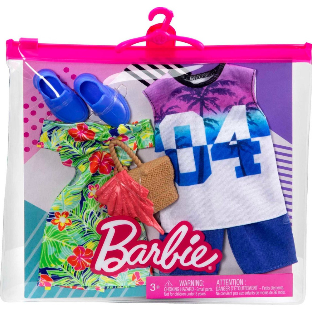 Pacote de moda Barbie e Ken, conjunto com roupas e acessórios de boneca para cada boneca, Tropical (2 roupas)