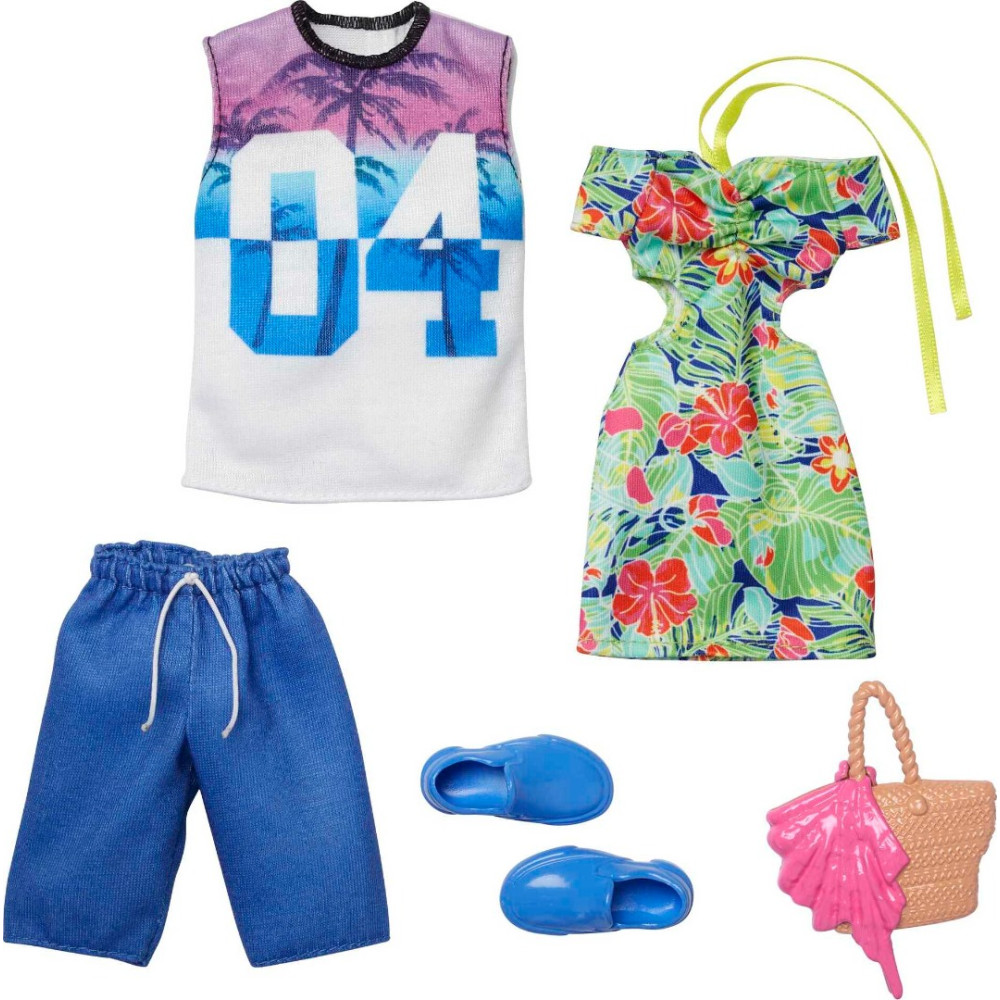 Pacote de moda Barbie e Ken, conjunto com roupas e acessórios de boneca para cada boneca, Tropical (2 roupas)