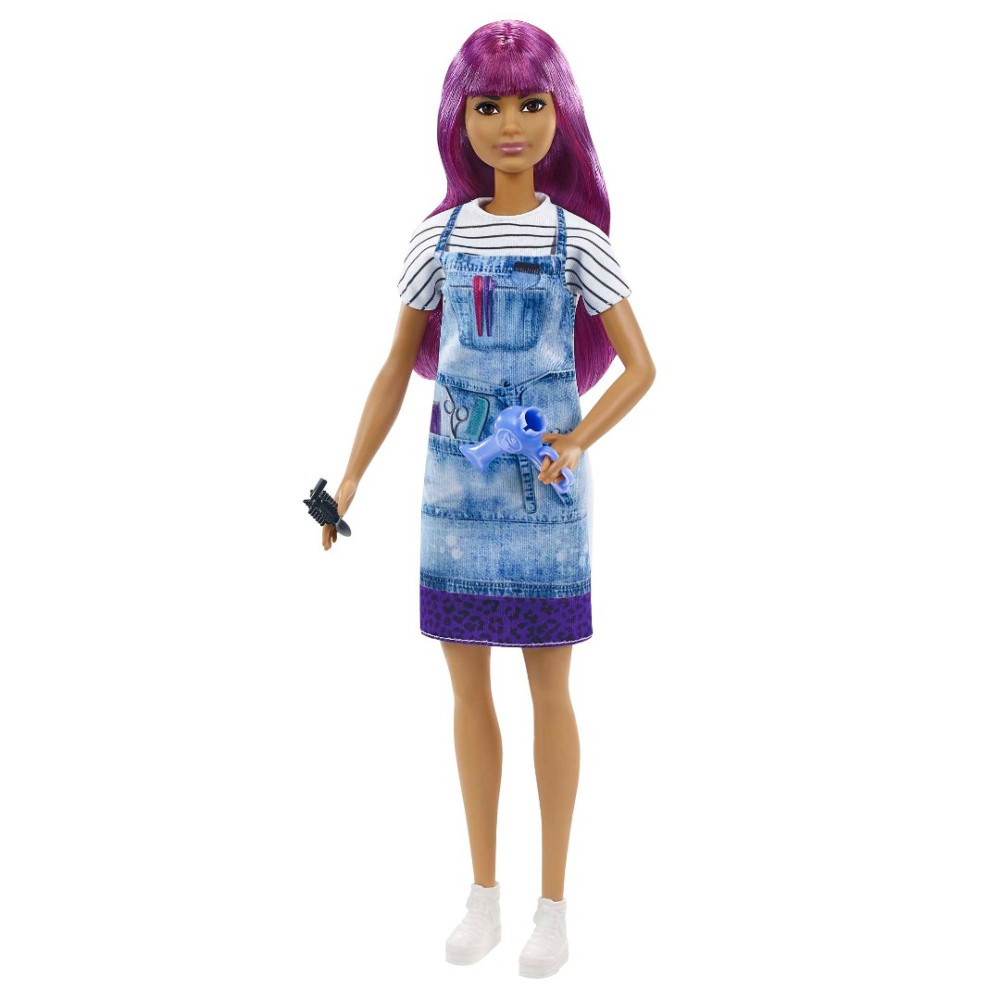 Barbie Salon Stylist Fashion Doll vestida com blusa tie-dye com cabelo roxo e acessórios