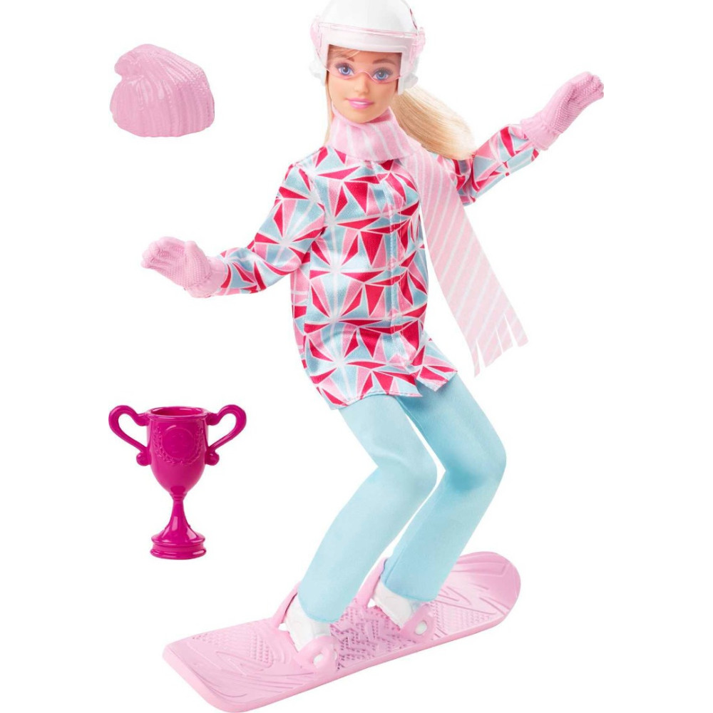 Barbie Snowboarder Fashion vestida com jaqueta, calça e capacete, com cabelo loiro