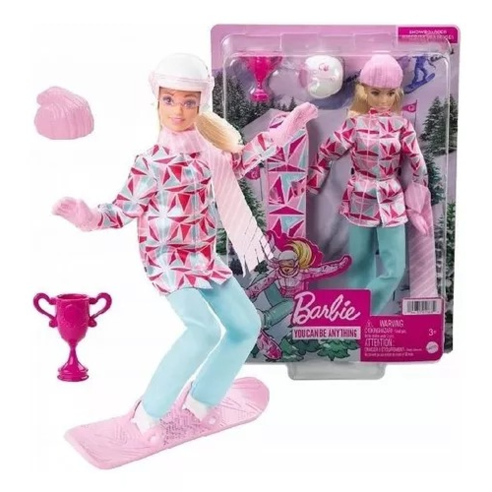 Barbie Snowboarder Fashion vestida com jaqueta, calça e capacete, com cabelo loiro