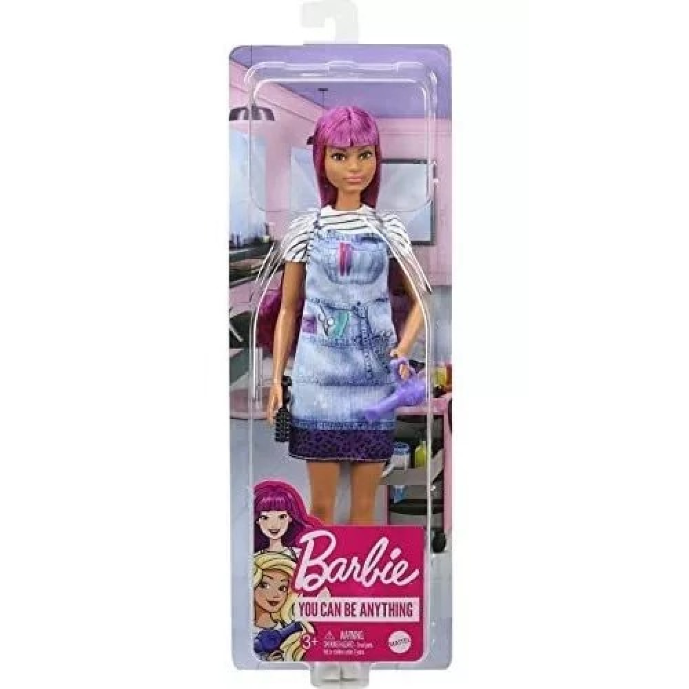 Barbie Salon Stylist Fashion Doll vestida com blusa tie-dye com cabelo roxo e acessórios