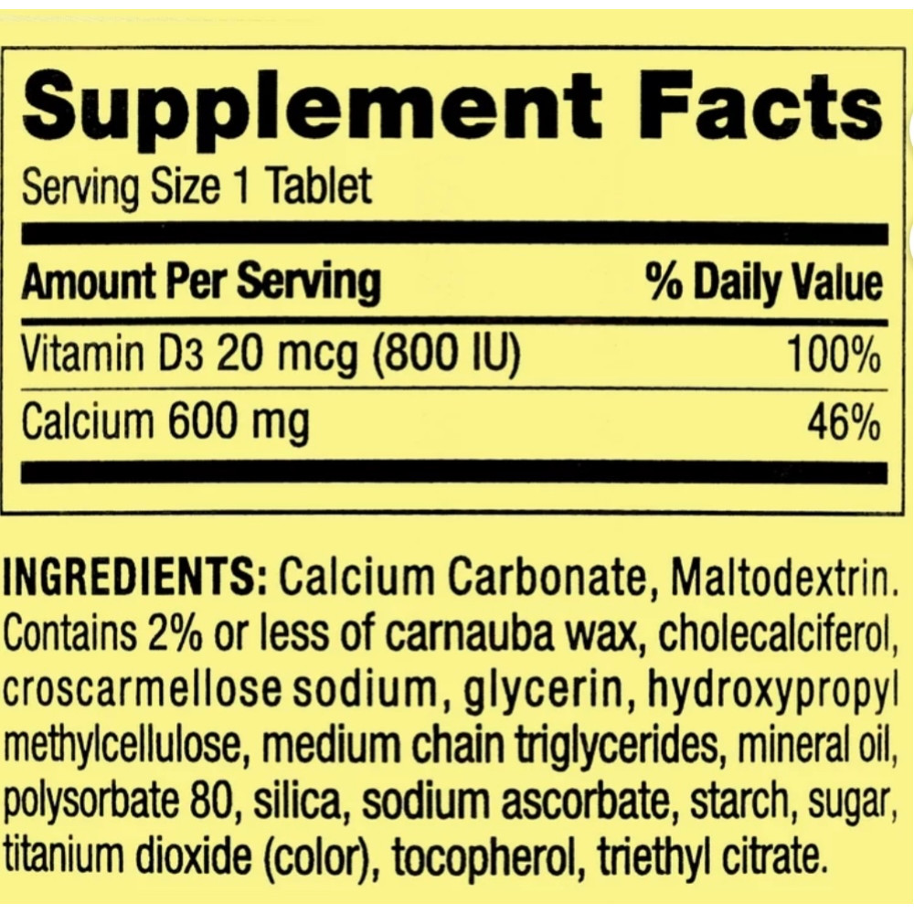 Cálcio 600mg + Vitamina D3 20mcg Spring Valley 250 Comprimid