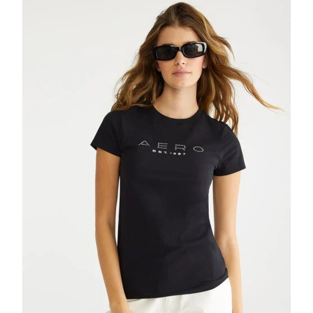 CAMISETA AEROPOSTALE FEMININA COR PRETA COM STRASS TAM GG