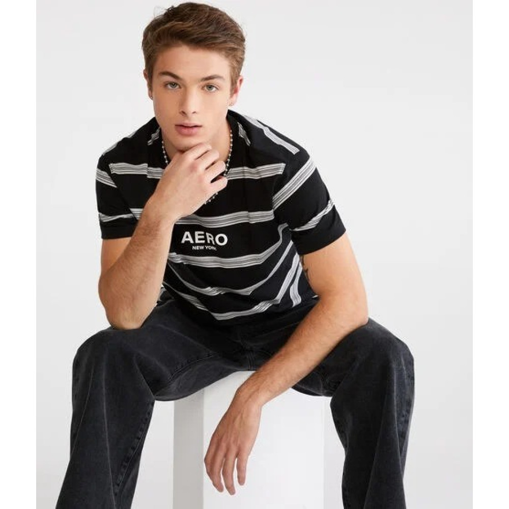 CAMISETA AEROPOSTALE MASCULINA PRETA LISTRADA TAM GG