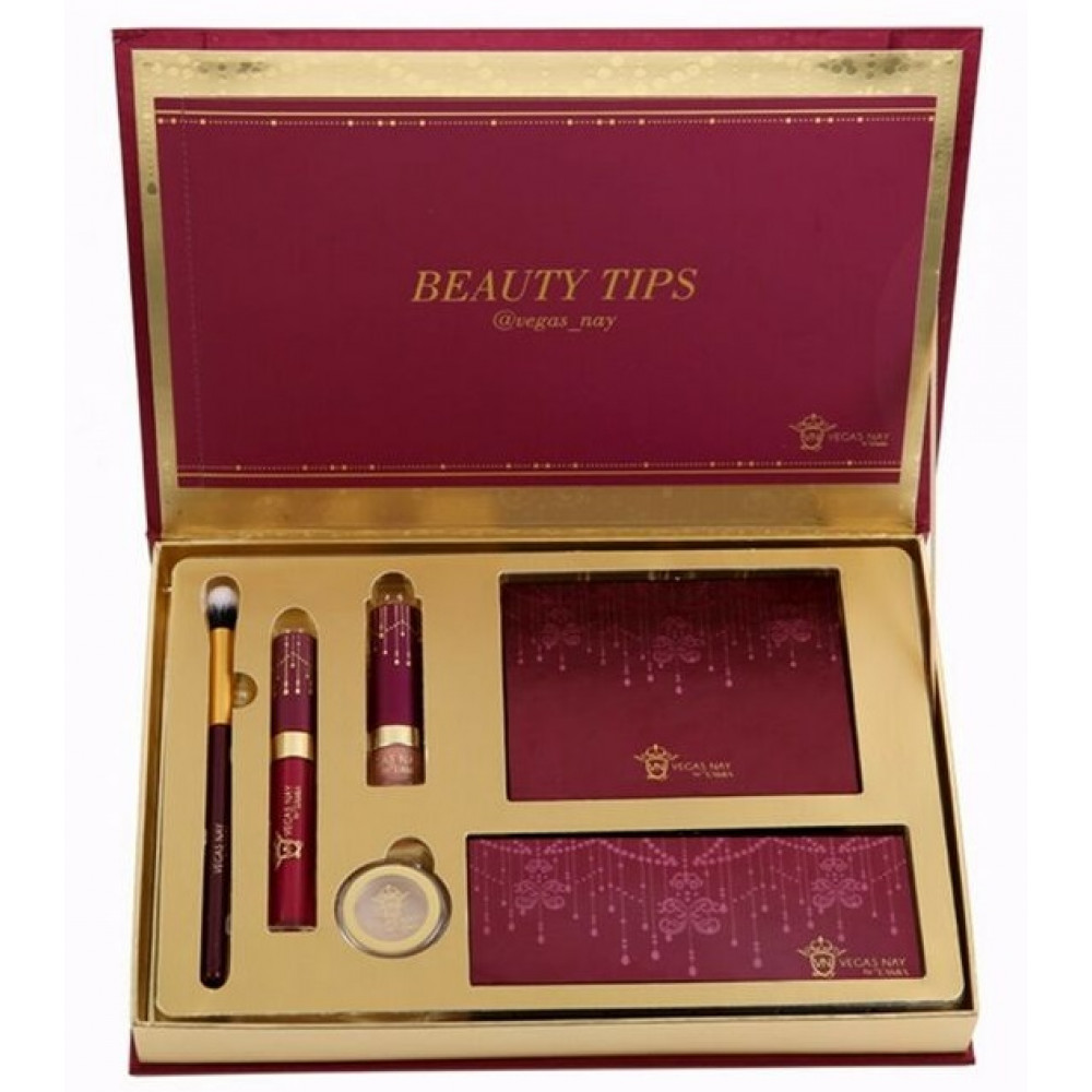 KIT DE 6 PEÇAS VEGAS NAY LIMITED EDITION - BLUSH E ILUMINADOR, PALETA DE SOMBRAS, PIGMENTO, PINCEL E BATONS