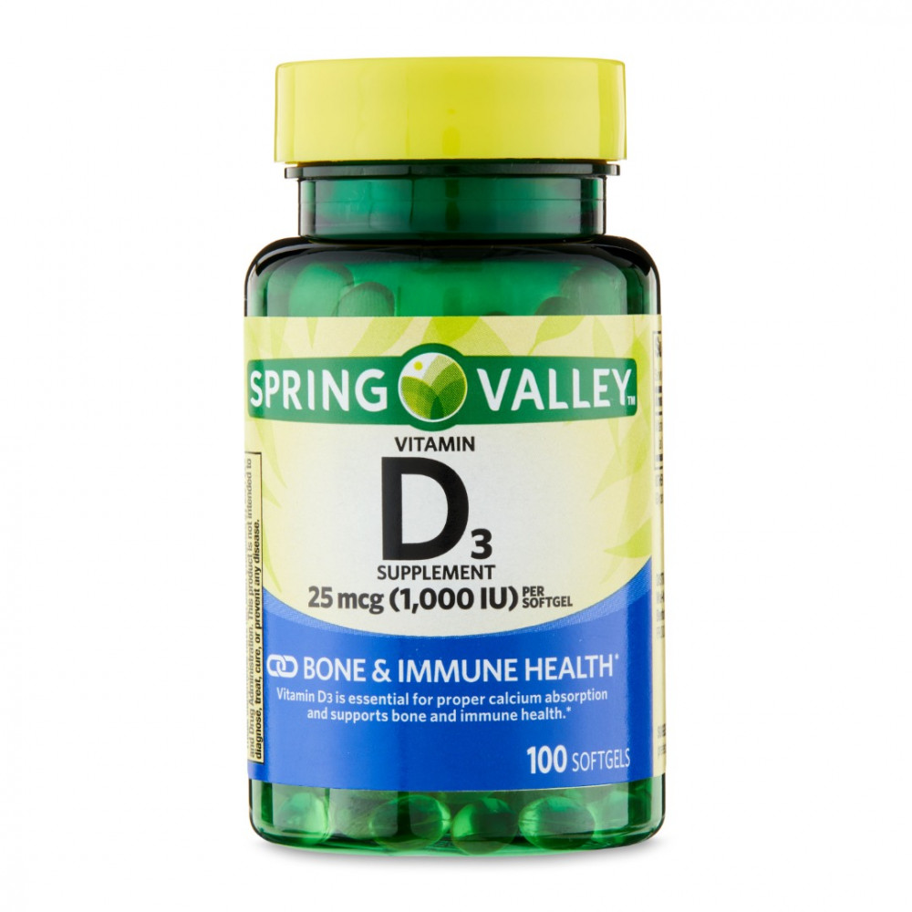 Vitamina D3 Suplemento dietético para saúde óssea e imunológica, cápsulas gelatinosas, 25 mcg (1.000 UI), 100 contagens