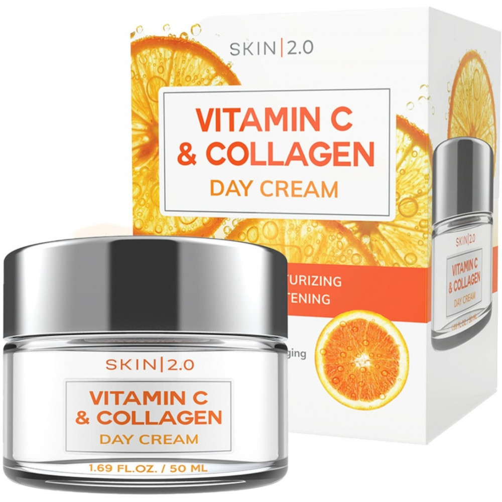 Skin 2.0 Vitamina C e colágeno hidratante facial diário - anti-envelhecimento, previne danos causados ​​pelo sol, endurece a pele, creme de dia iluminador - Cuidados com a pele coreanos sem crueldade para todos os tipos de pele - 1,69 Fl. onças