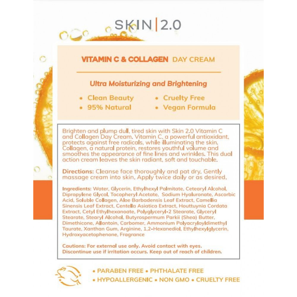 Skin 2.0 Vitamina C e colágeno hidratante facial diário - anti-envelhecimento, previne danos causados ​​pelo sol, endurece a pele, creme de dia iluminador - Cuidados com a pele coreanos sem crueldade para todos os tipos de pele - 1,69 Fl. onças