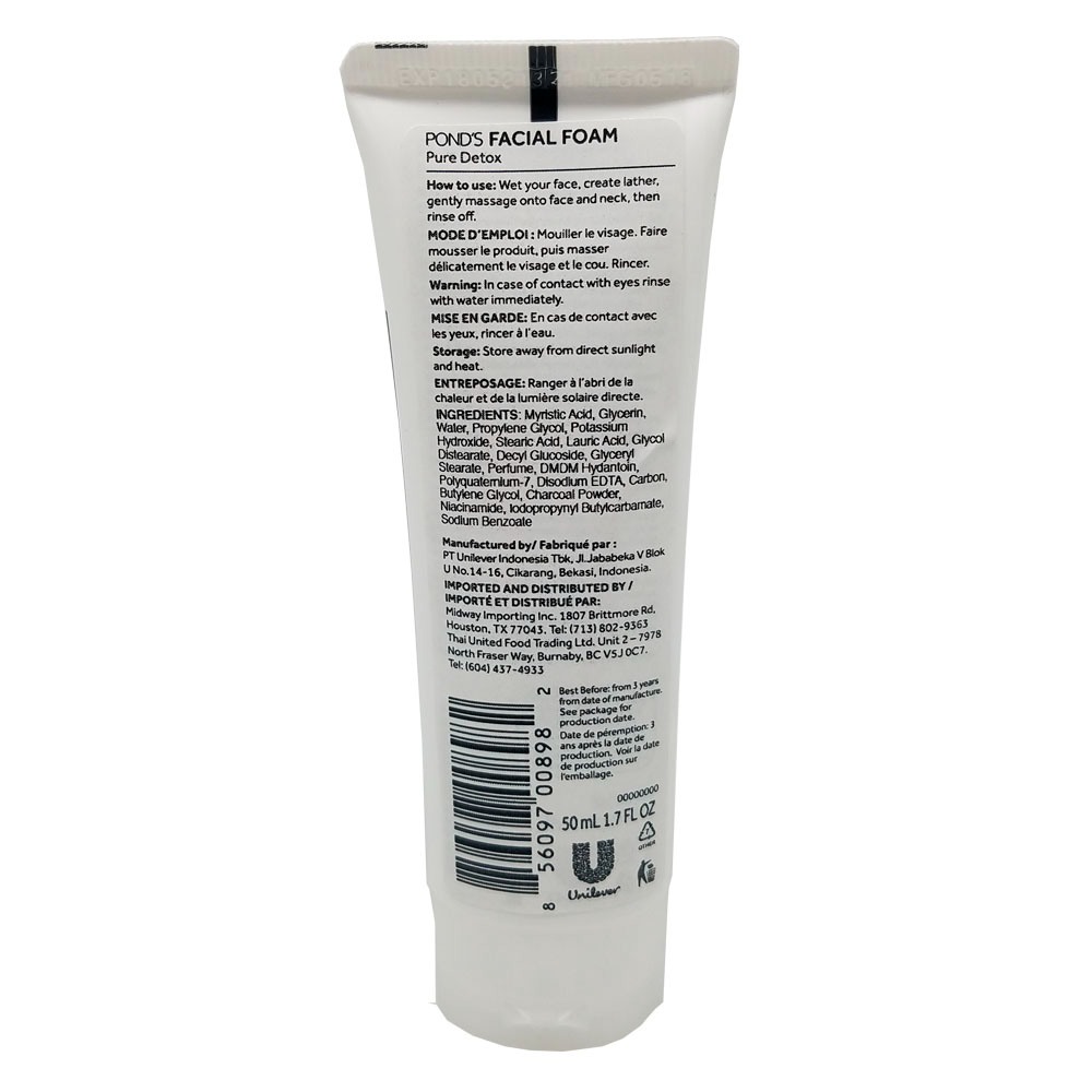 Espuma facial Ponds Pure Detox. Esfoliante e esfoliante para a pele. Remove sujeira, pele morta e impurezas. Contém Carvão Ativado. 1,7 fl.oz.